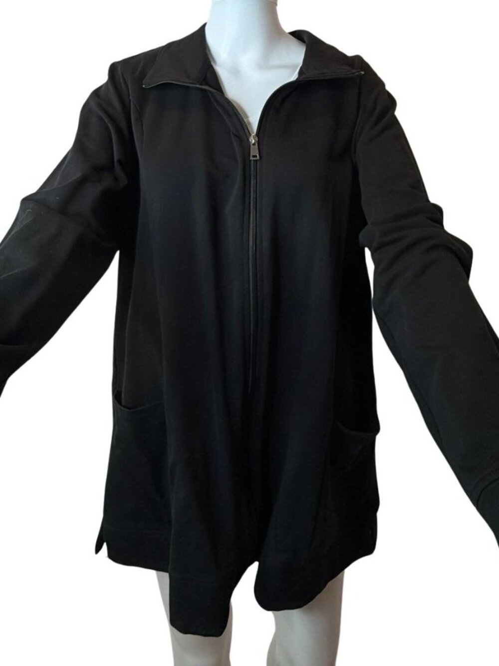 Denim & Company Black Zip Front Jacket Top Size Large Soft Stretch Pockets